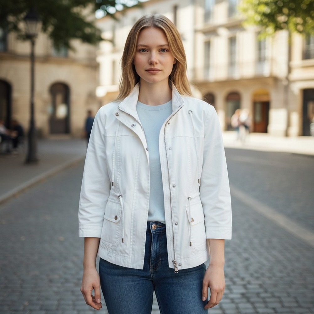 Studio Works Petite White Utility Jacket Zip Front PXL Drawstring Collar Pockets